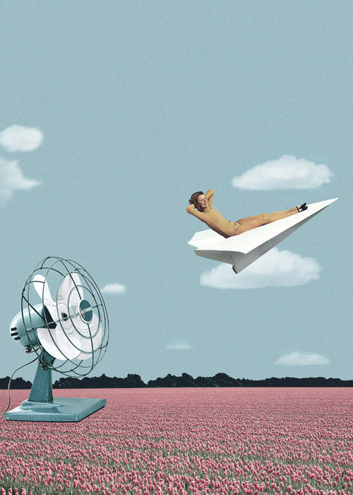 Ilustracja: samolot z papieru nad różanym polem