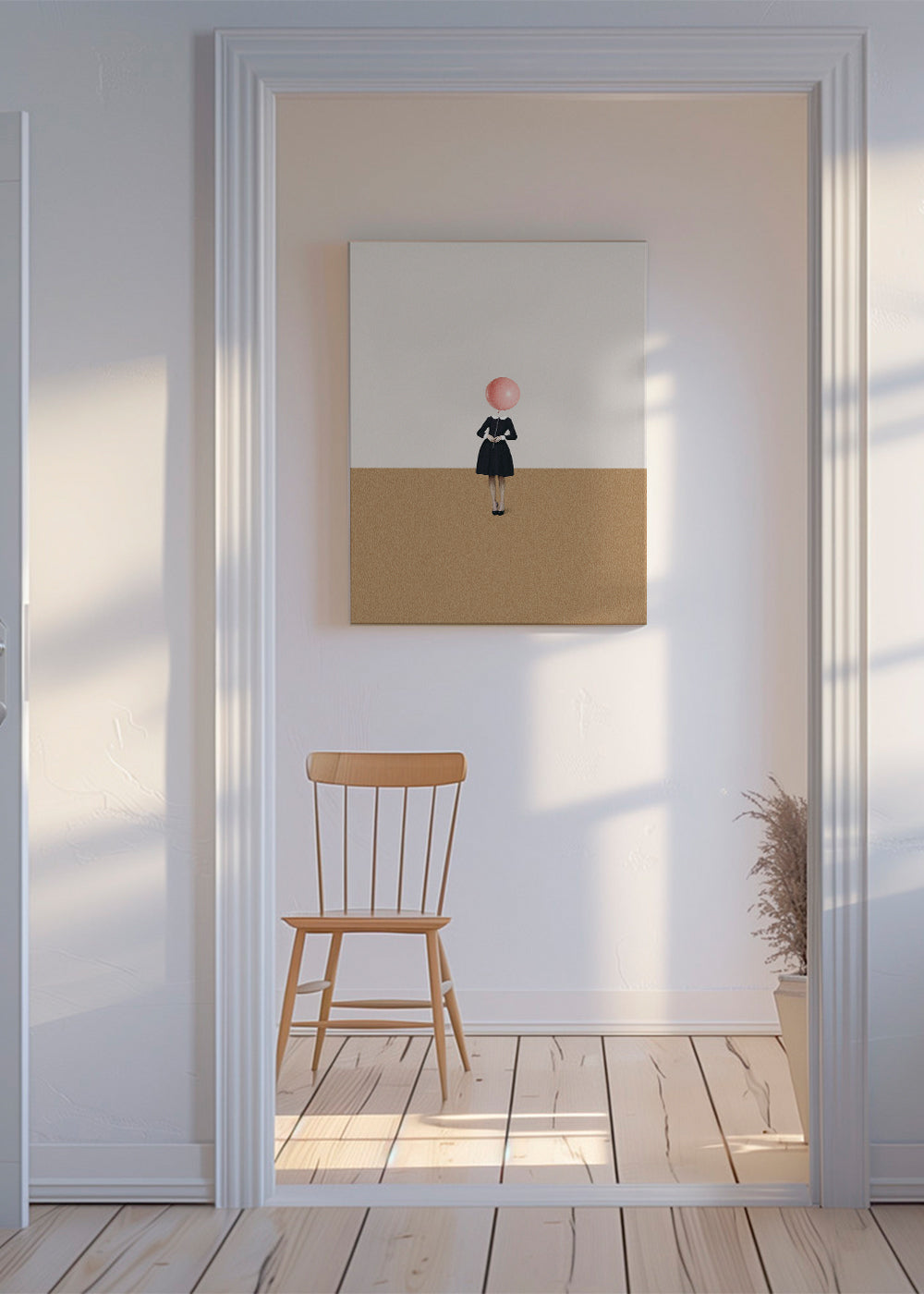 Minimalistyczny obraz z różowym balonem