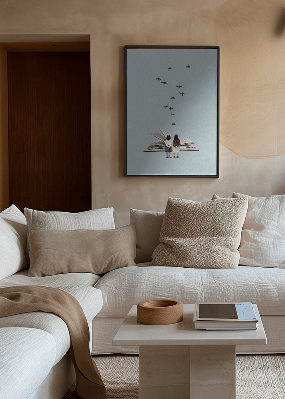 Ilustracja dzieci i ptaków na otwartej książce