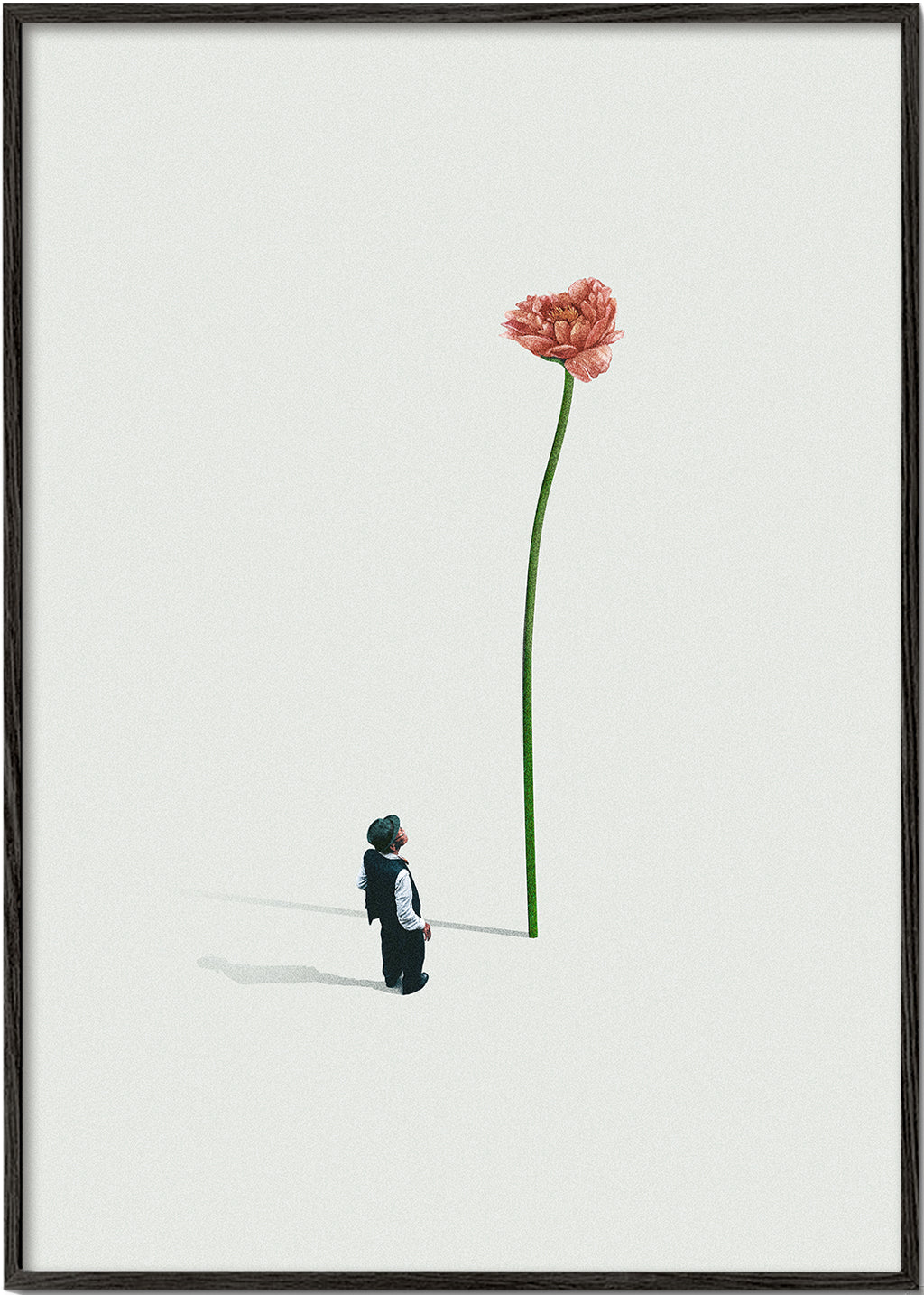 Plakat botaniczny z olbrzymim kwiatem i małą postacią