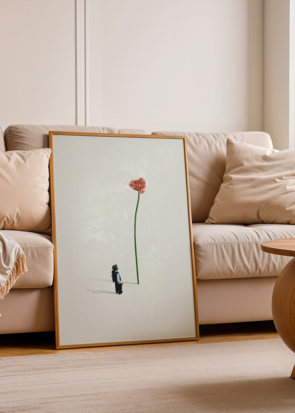 Plakat botaniczny z olbrzymim kwiatem i małą postacią
