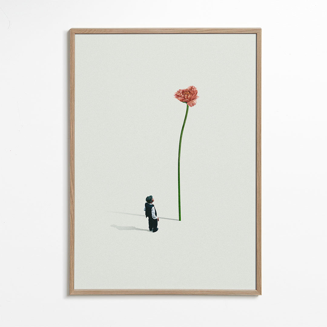 Plakat botaniczny z olbrzymim kwiatem i małą postacią