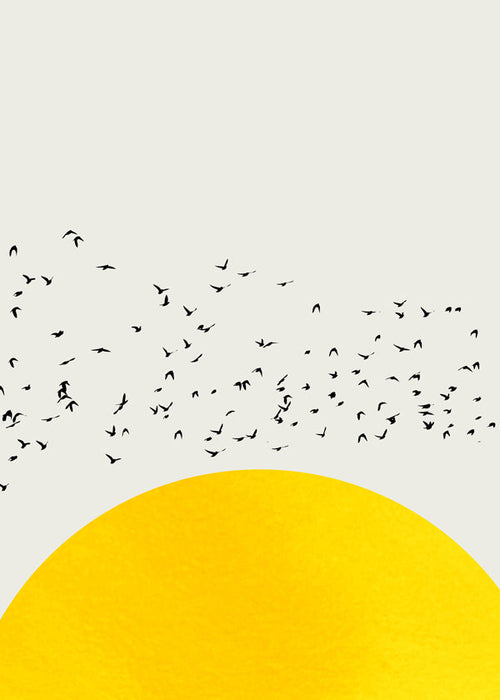 Ilustracja stada ptaków nad minimalistycznym słońcem