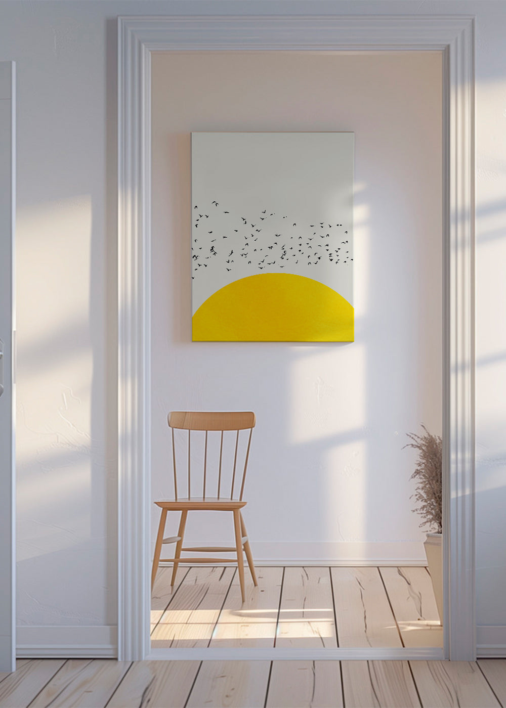 Ilustracja stada ptaków nad minimalistycznym słońcem