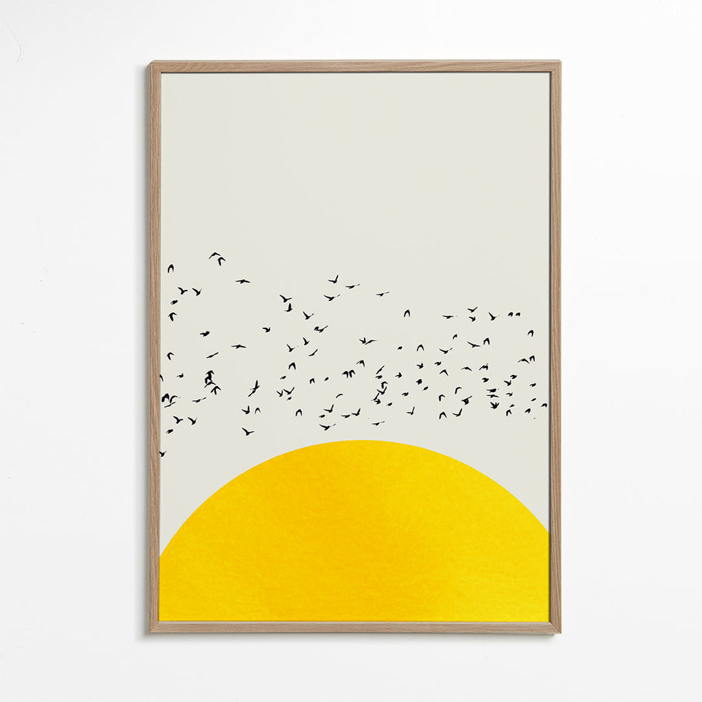 Ilustracja stada ptaków nad minimalistycznym słońcem