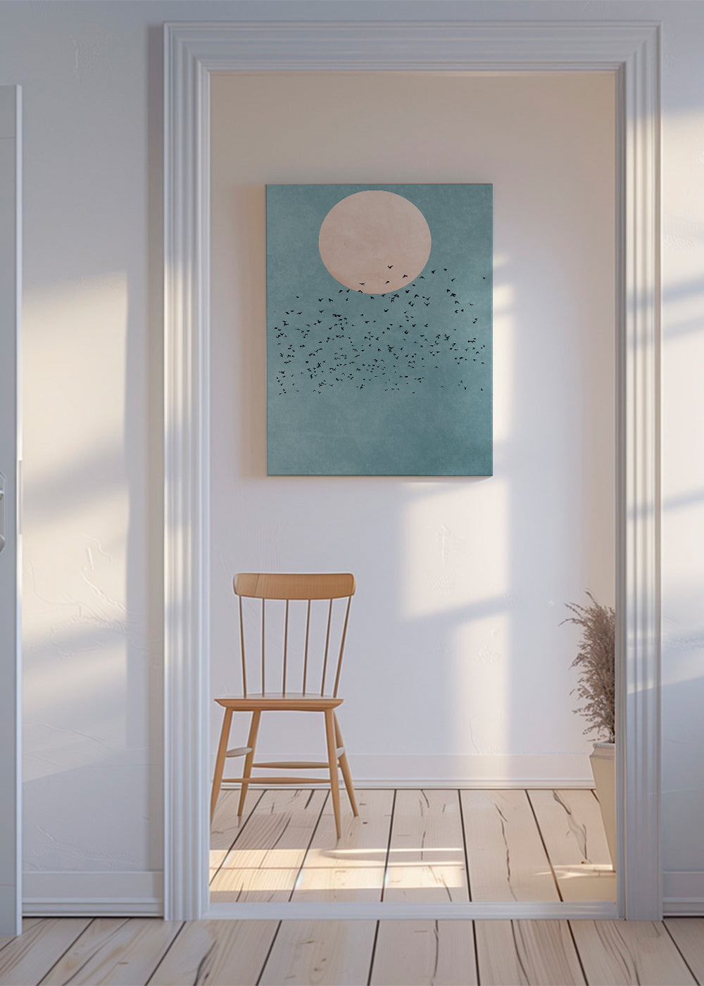Ilustracja minimalistyczna różowy księżyc i stado