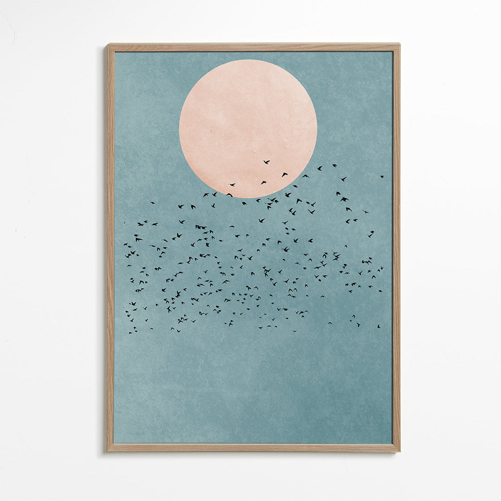 Ilustracja minimalistyczna różowy księżyc i stado