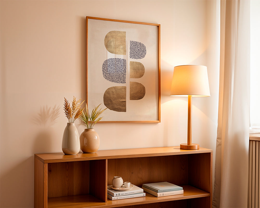 Plakat geometryczny ze złotymi kształtami