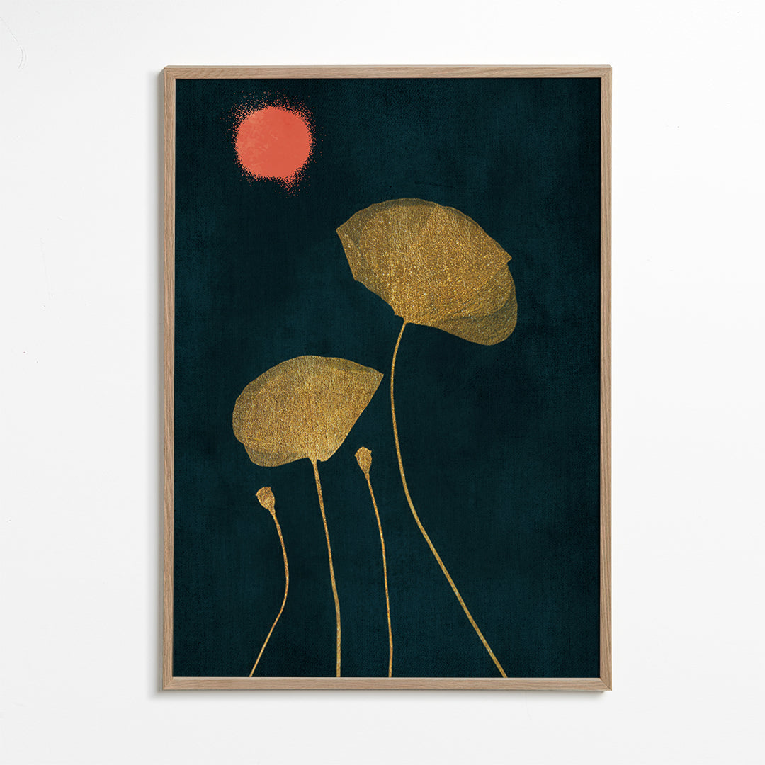 Plakat botaniczny ze złoconymi liśćmi i koralową orbą