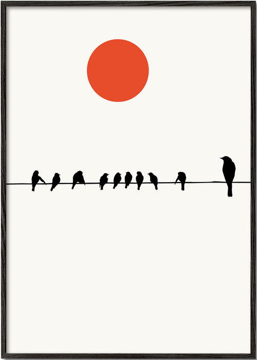 Minimalistyczna grafika ptaki na drucie i czerwone słońce