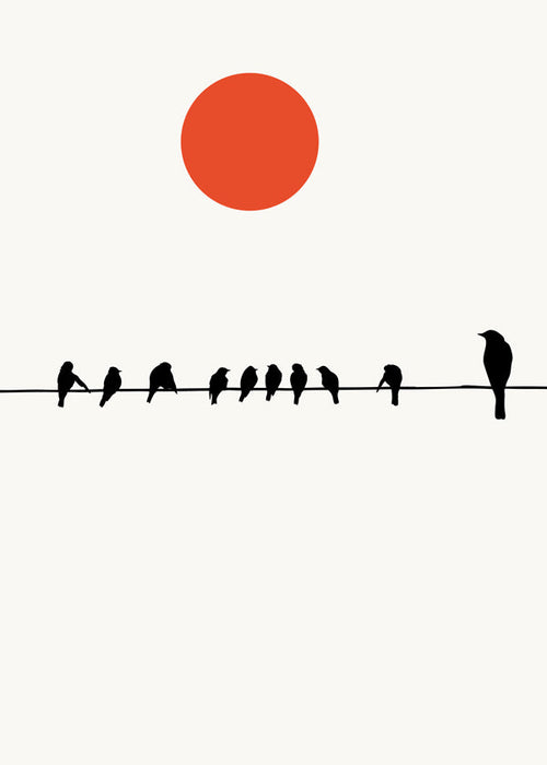 Minimalistyczna grafika ptaki na drucie i czerwone słońce