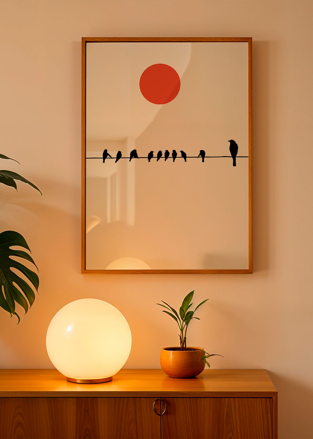 Minimalistyczna grafika ptaki na drucie i czerwone słońce