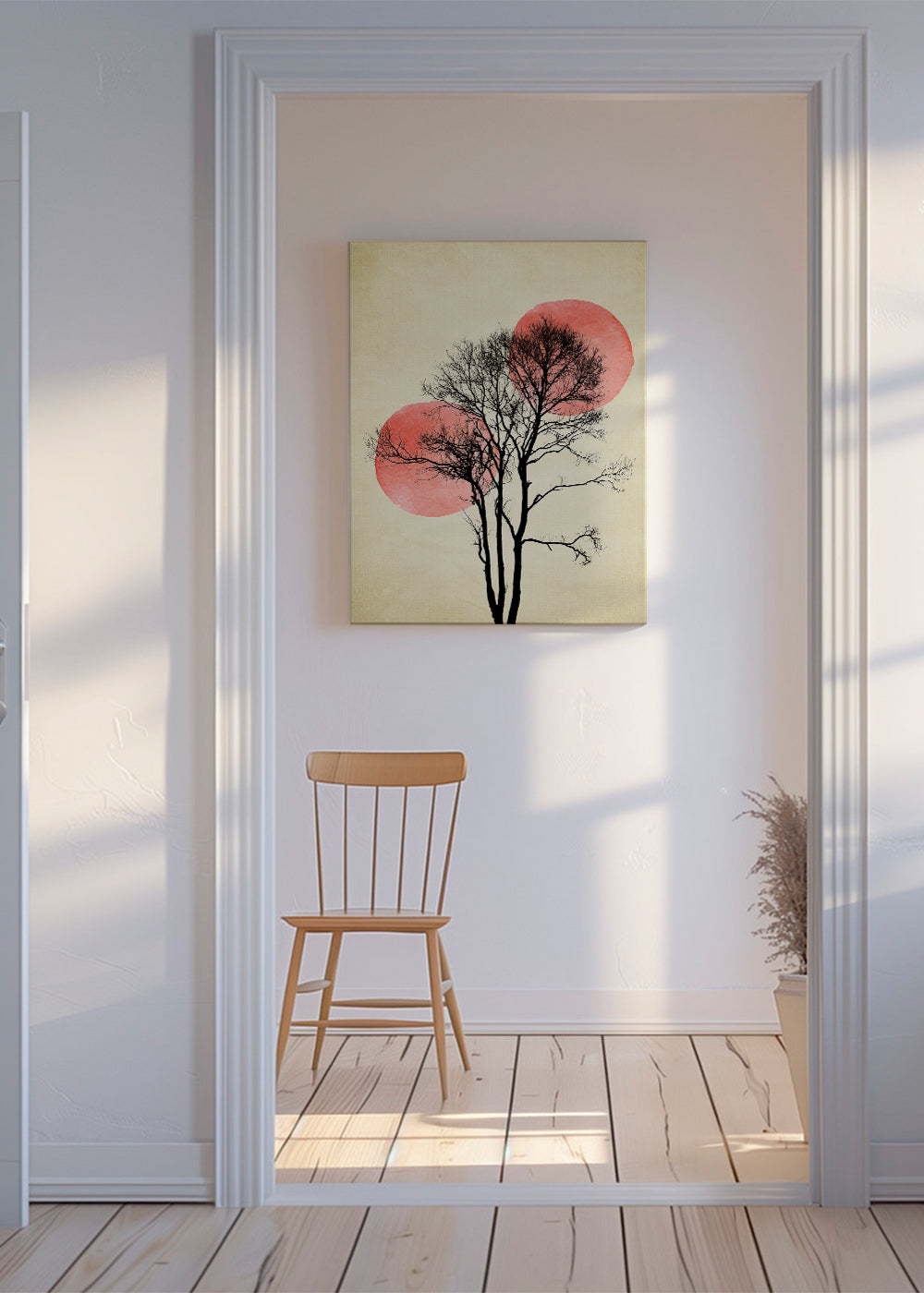 Plakat botaniczny drzewo sylwetka z koralowymi księżycami