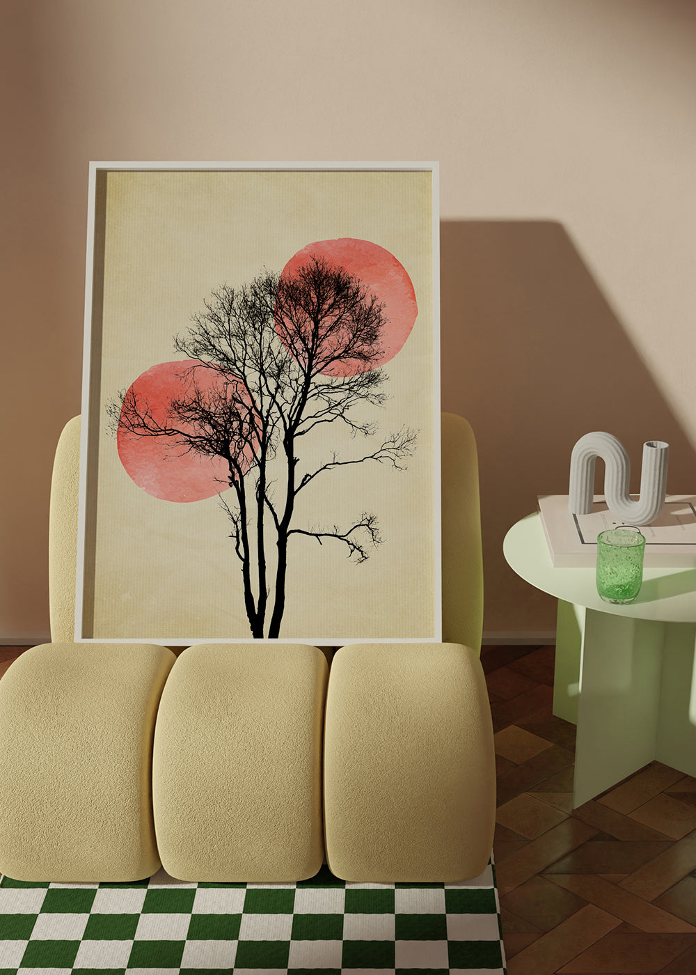 Plakat botaniczny drzewo sylwetka z koralowymi księżycami