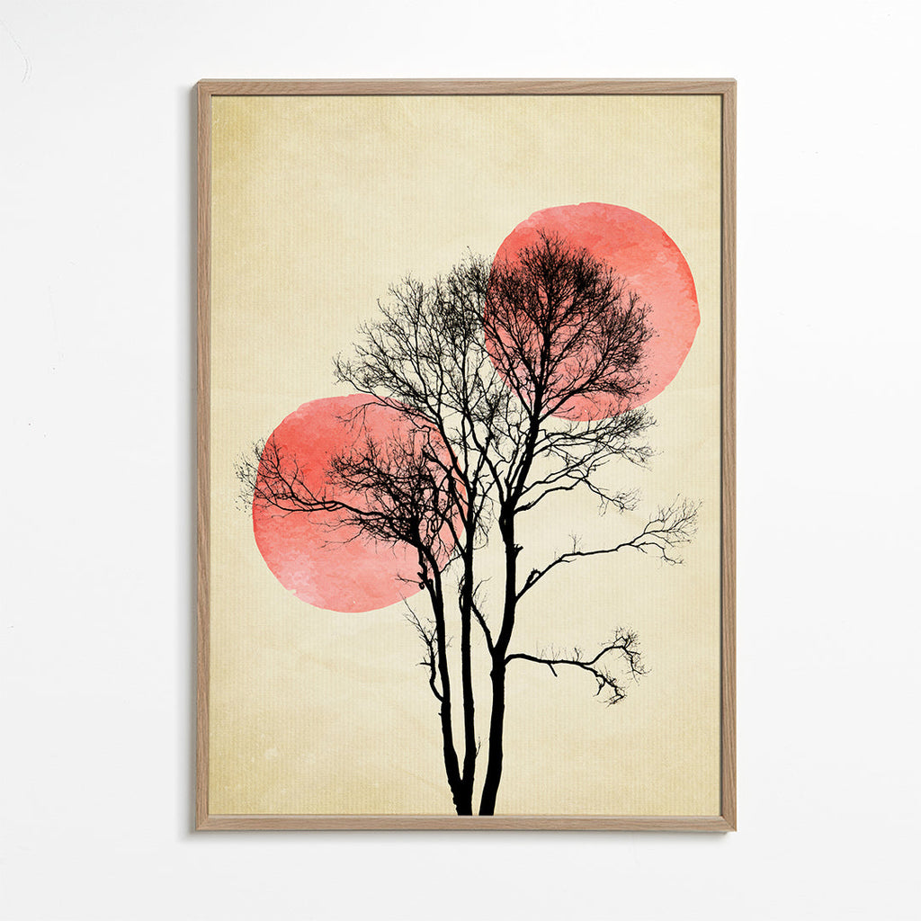Plakat botaniczny drzewo sylwetka z koralowymi księżycami