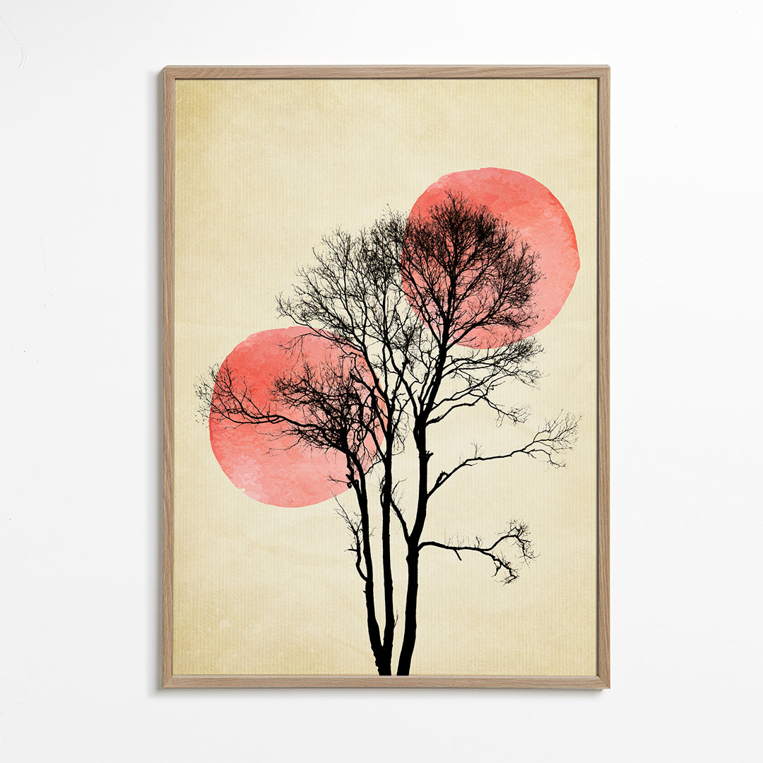 Plakat botaniczny drzewo sylwetka z koralowymi księżycami