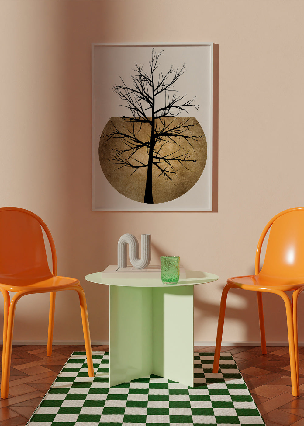 Plakat botaniczny: sylwetka drzewa na złotym dysku