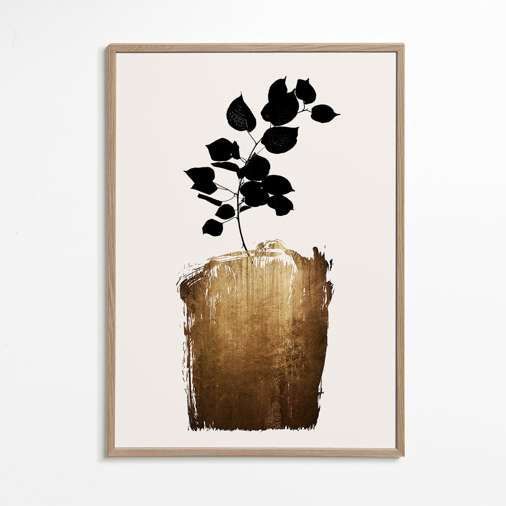 Plakat botaniczny z czarnym liściem i złotym pociągnięciem