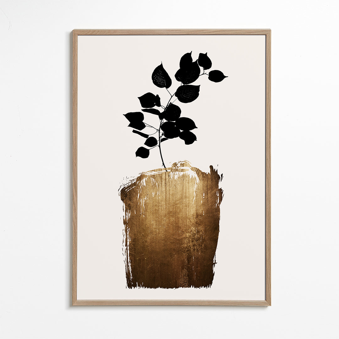 Plakat botaniczny z czarnym liściem i złotym pociągnięciem