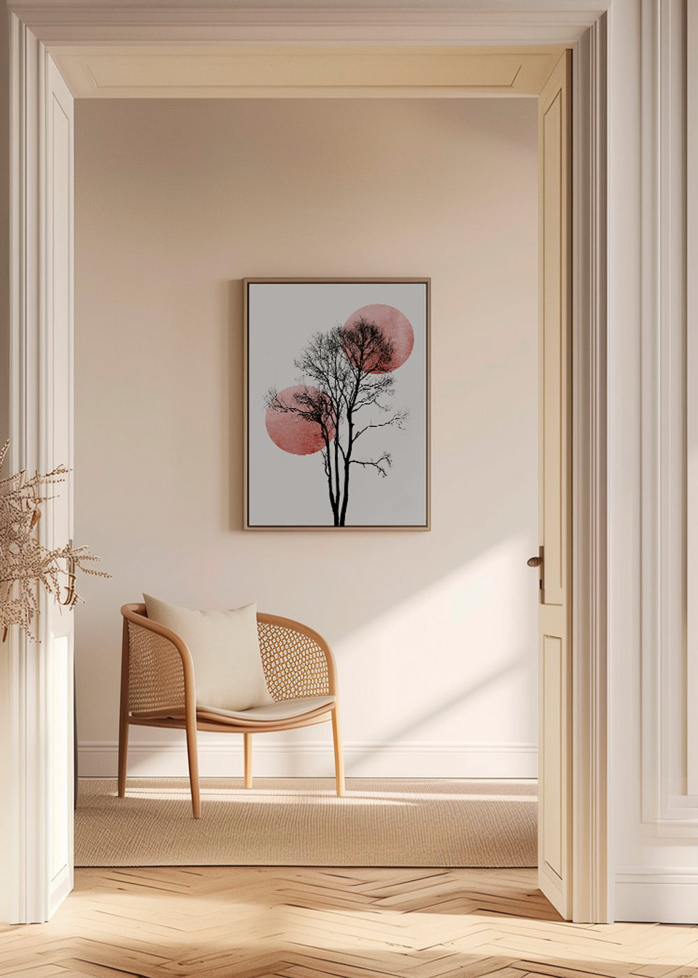 Plakat botaniczny: sylwetka drzewa z różowymi kręgami