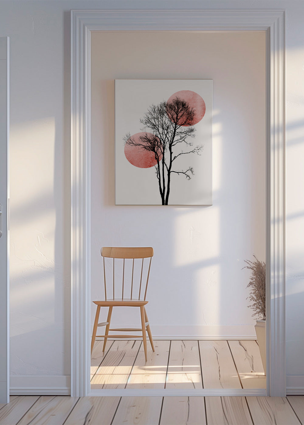 Plakat botaniczny: sylwetka drzewa z różowymi kręgami