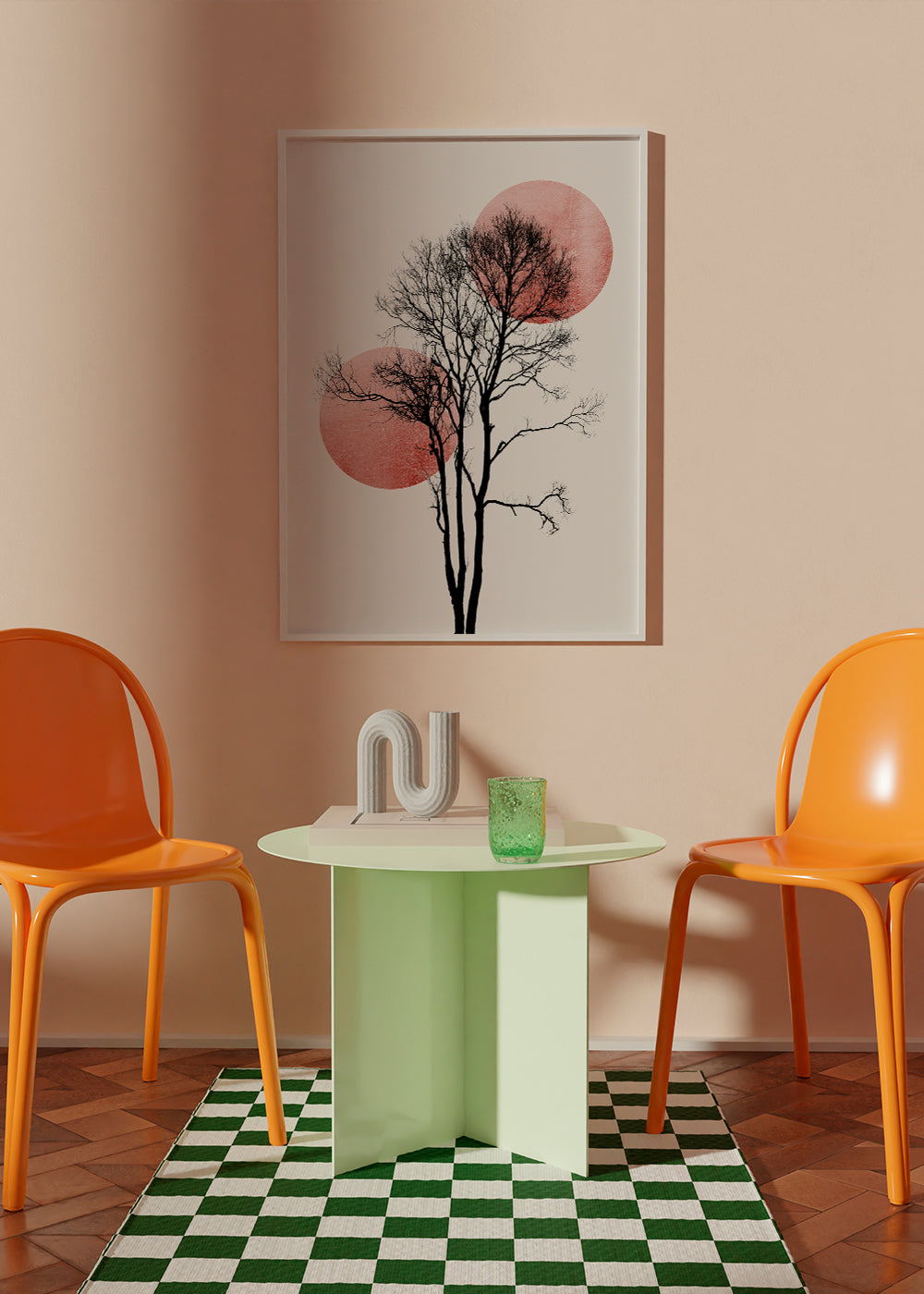 Plakat botaniczny: sylwetka drzewa z różowymi kręgami