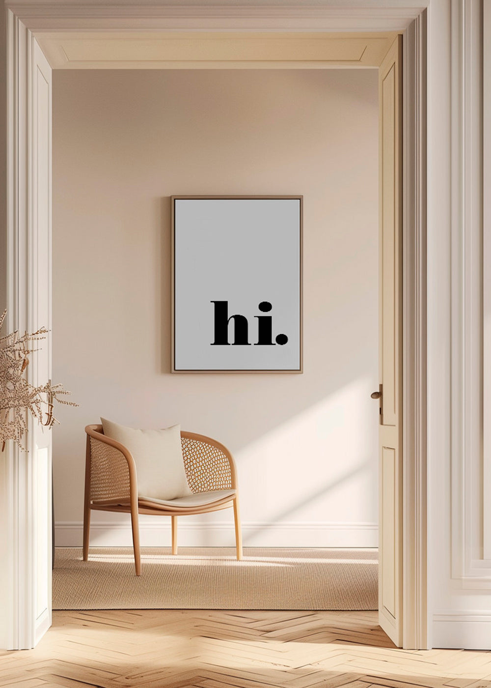 Minimalistyczny projekt z 'hi.' w dolnym rogu