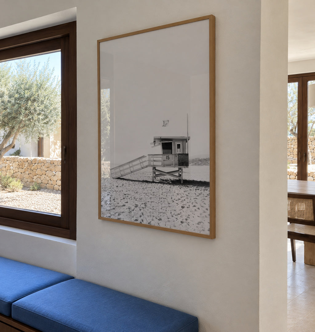 Beach hut BW - Framed poster in an interior