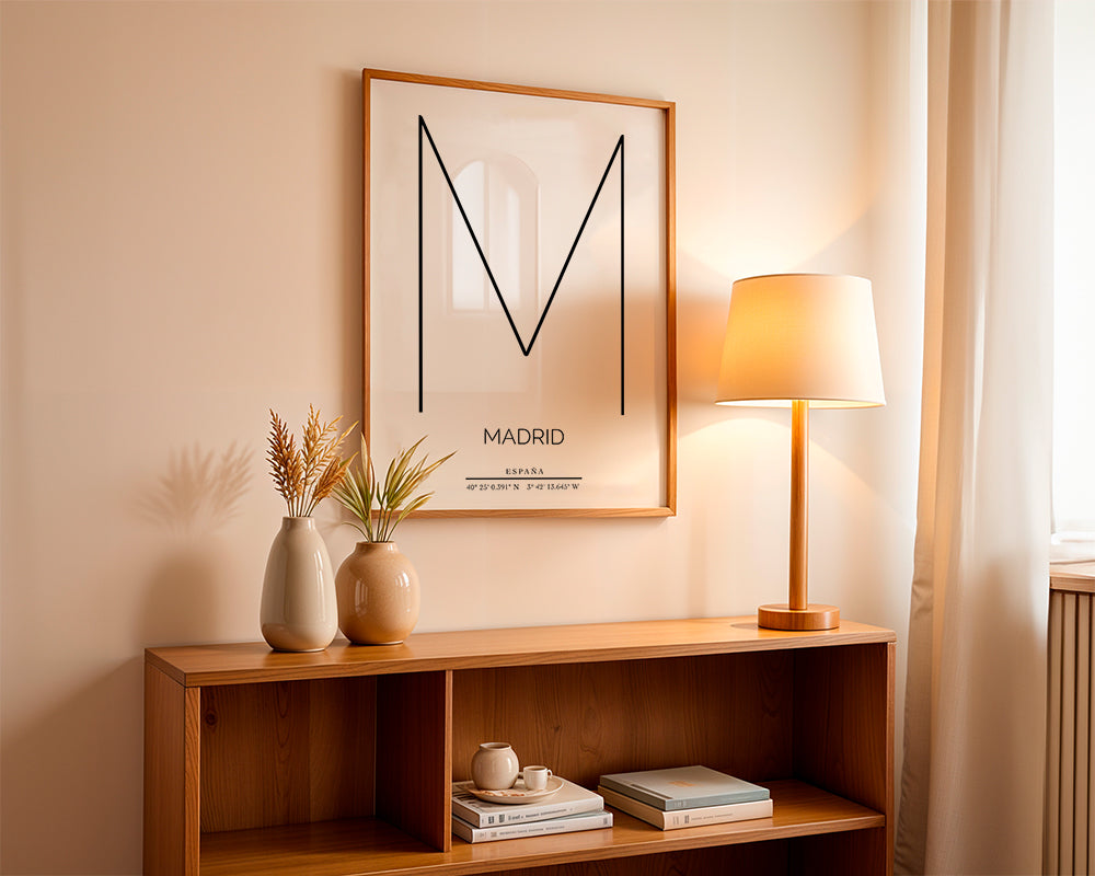 Plakat miasta Madryt z minimalistyczną literą M