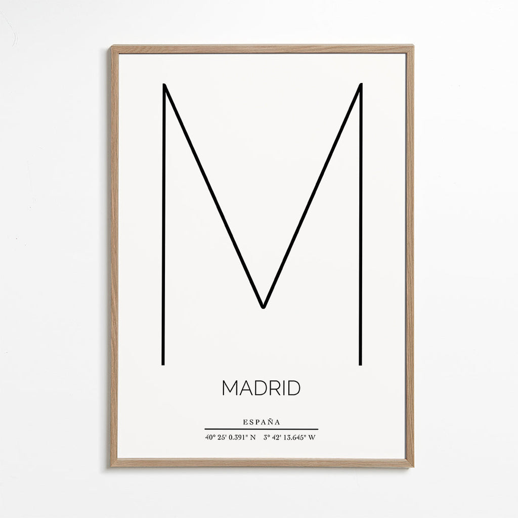 Plakat miasta Madryt z minimalistyczną literą M