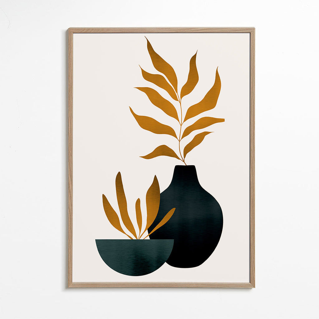 Plakat botaniczny z musztardowymi liśćmi i wazonem