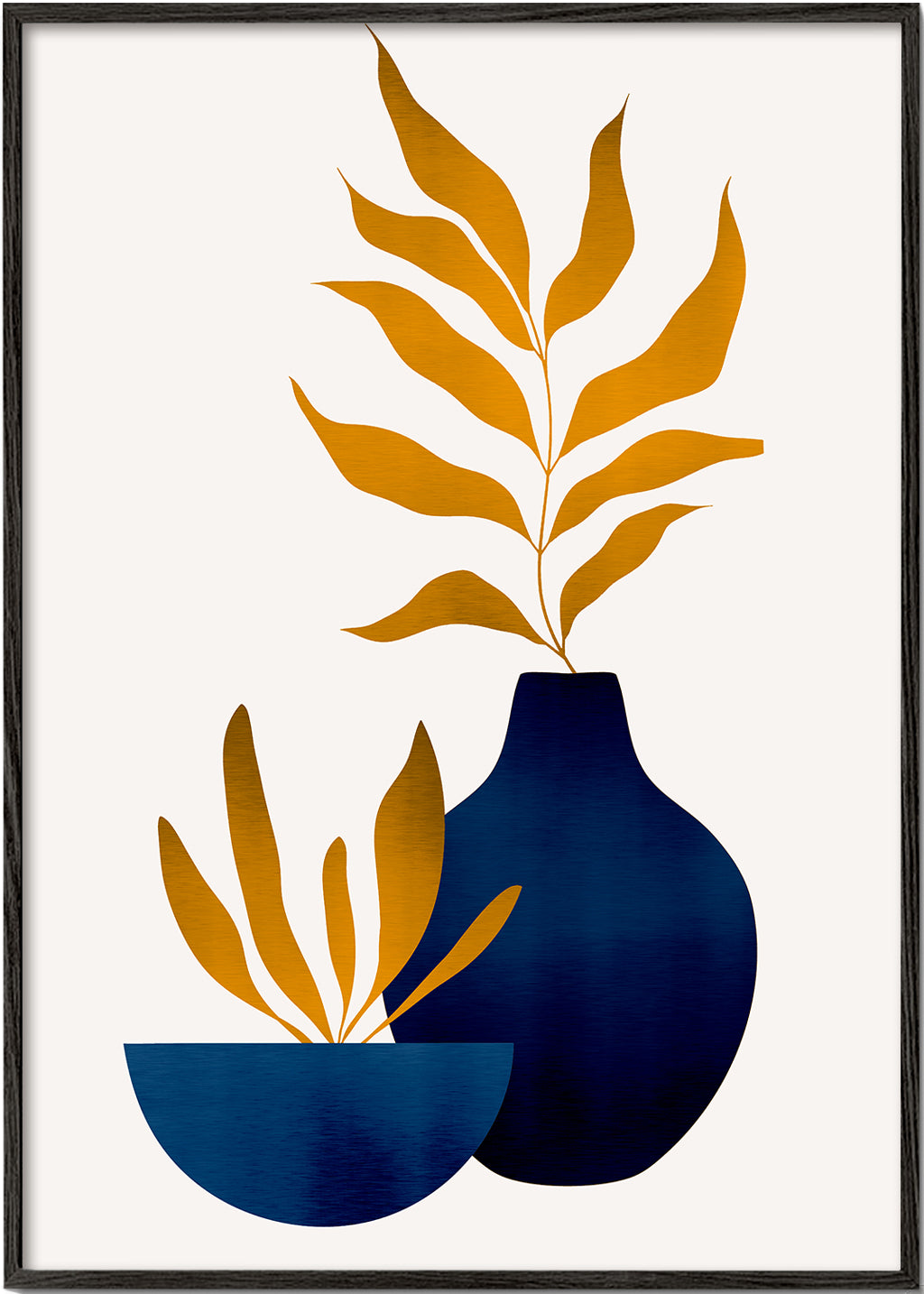 Plakat botaniczny złote liście i niebieski wazon