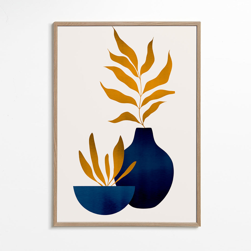 Plakat botaniczny złote liście i niebieski wazon