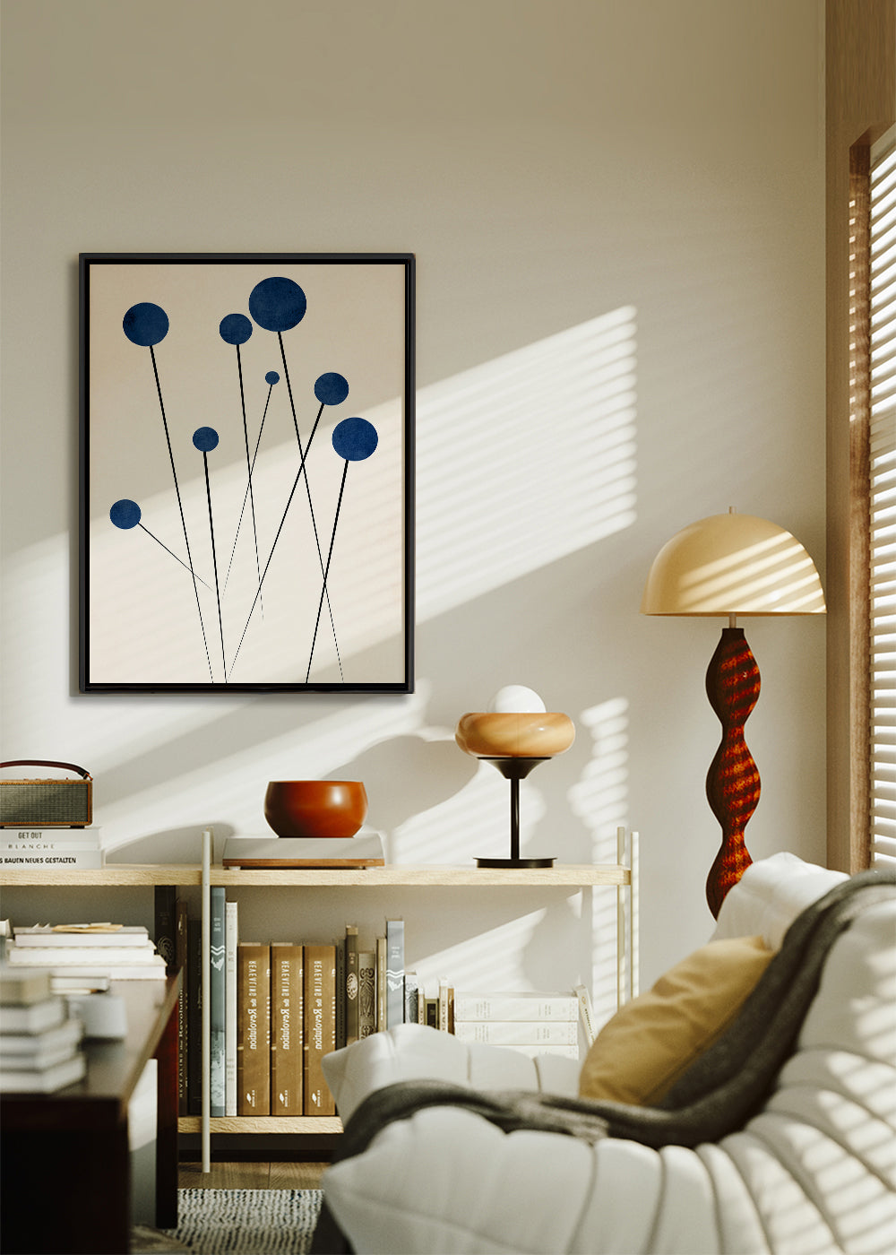 Plakat botaniczny z niebieskimi kulami i cienkimi łodygami