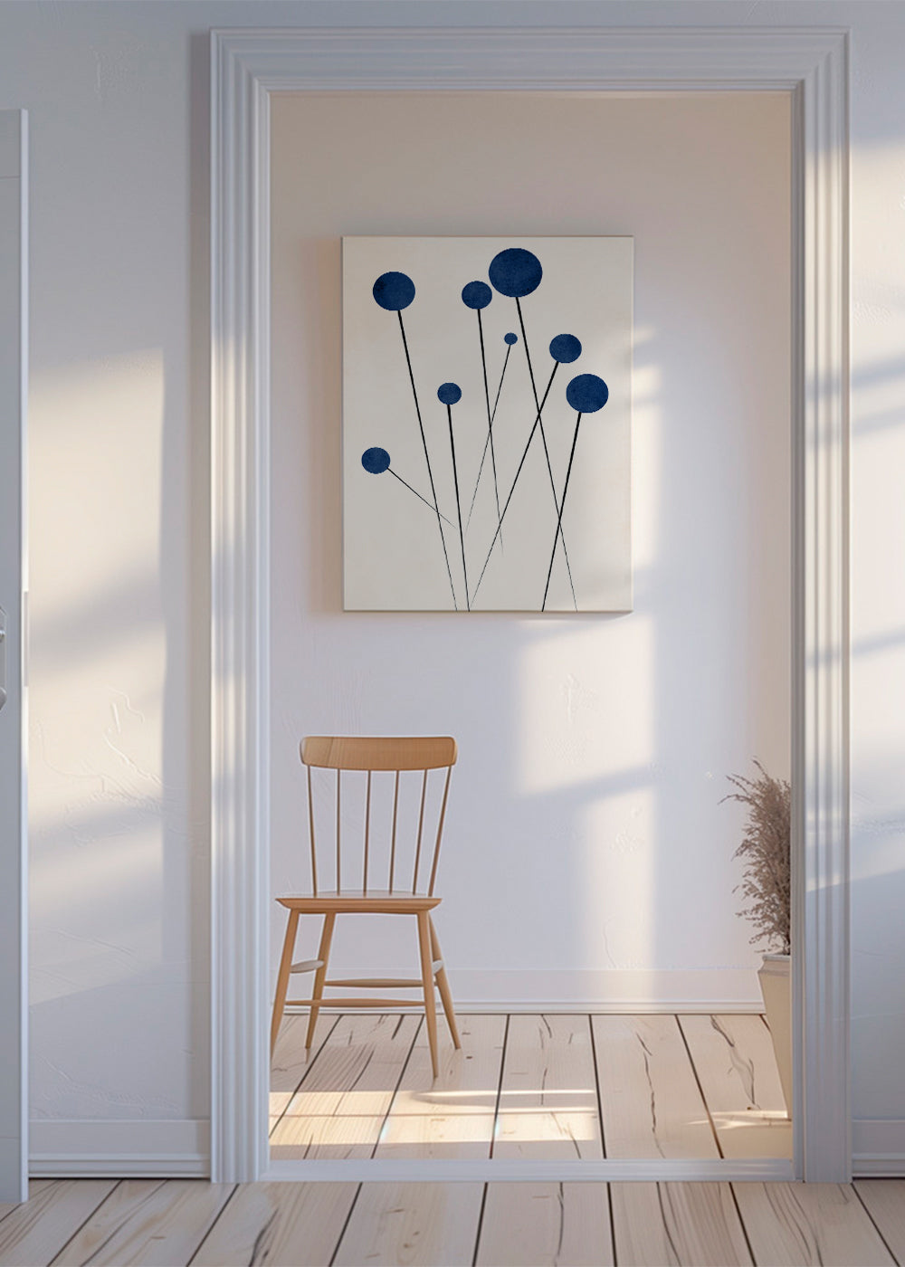Plakat botaniczny z niebieskimi kulami i cienkimi łodygami