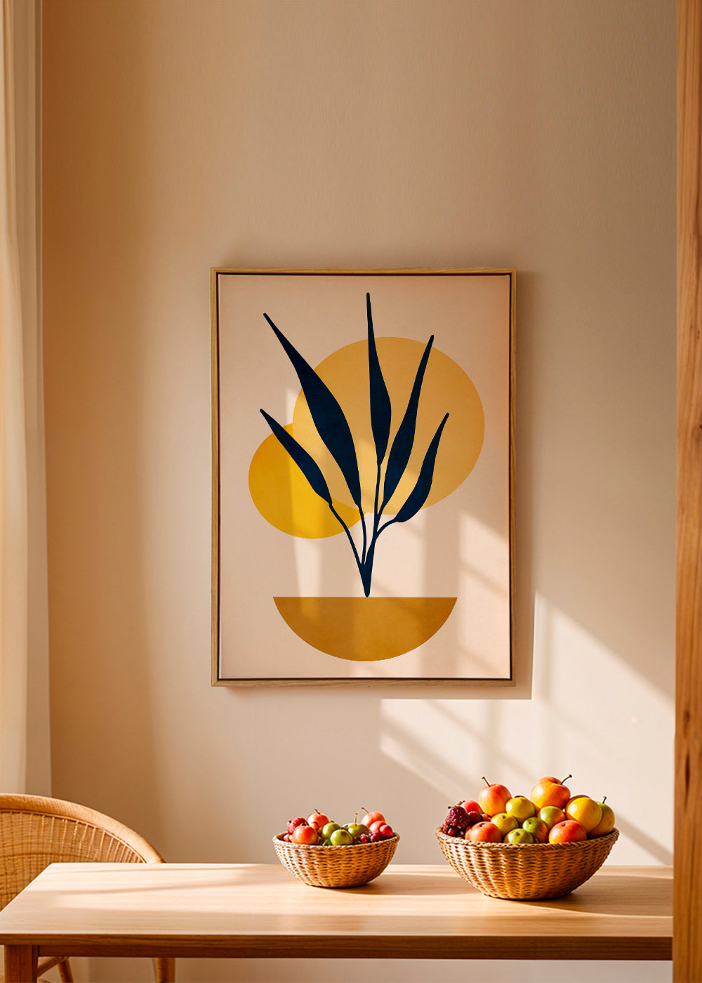 Plakat botaniczny z niebieskimi liśćmi i okręgami słońca