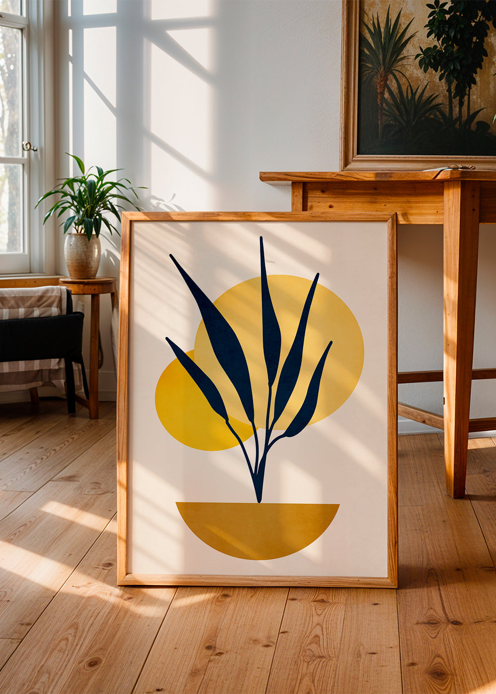 Plakat botaniczny z niebieskimi liśćmi i okręgami słońca