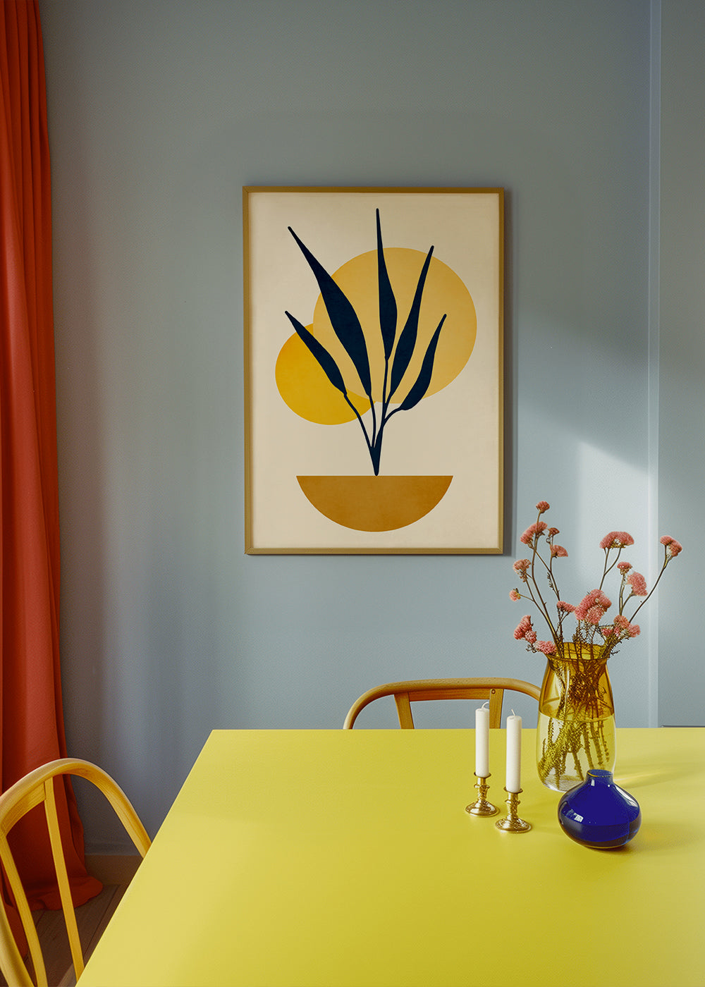 Plakat botaniczny z niebieskimi liśćmi i okręgami słońca