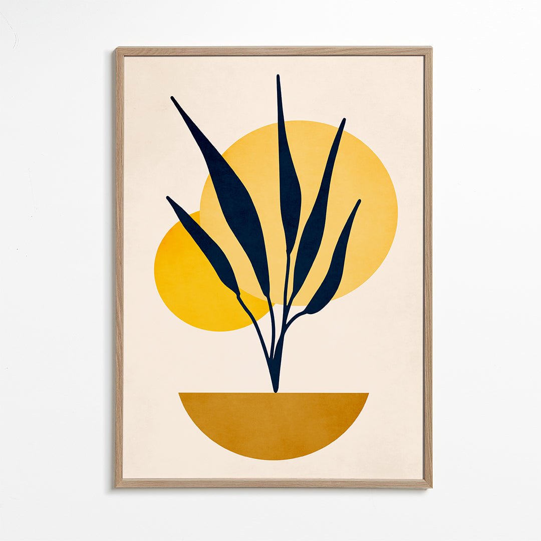 Plakat botaniczny z niebieskimi liśćmi i okręgami słońca