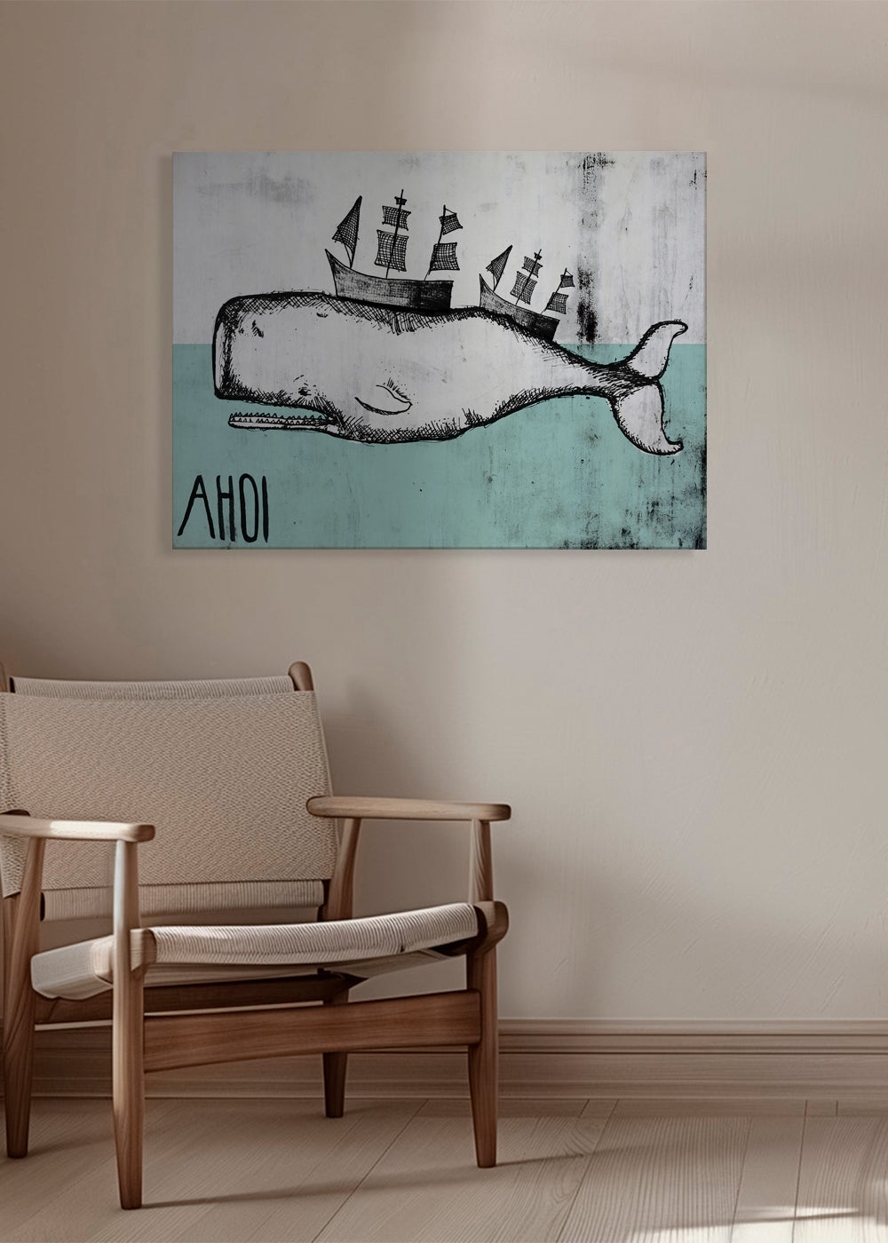 Plakat wieloryb ilustracja z okrętami