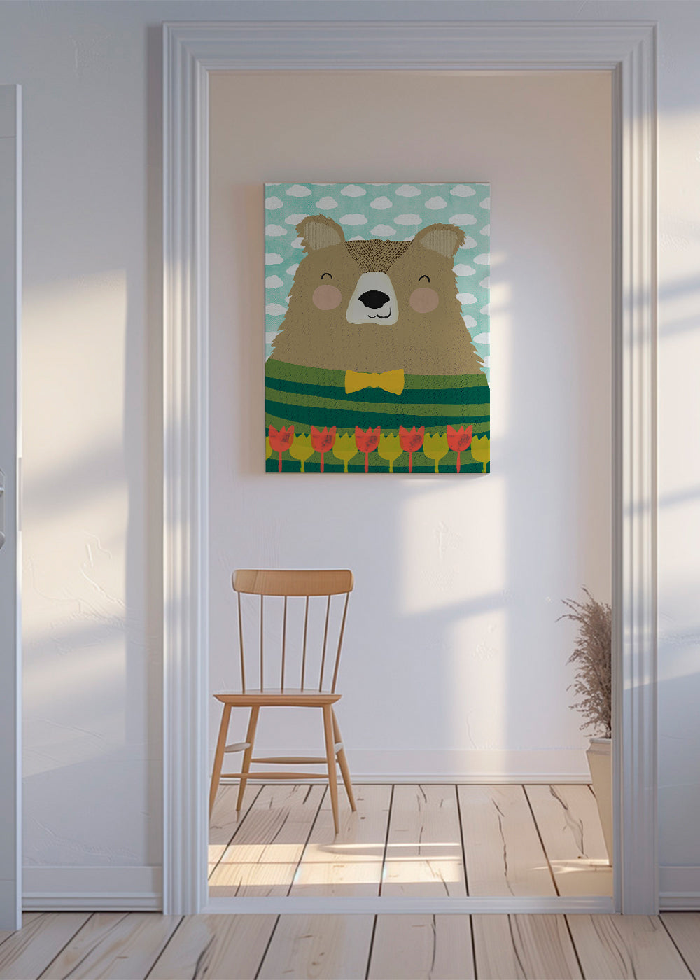 Plakat dziecięcy uśmiechnięty miś z tulipanami