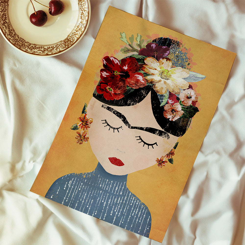 Ilustracja Frida z wieńcem kwiatów