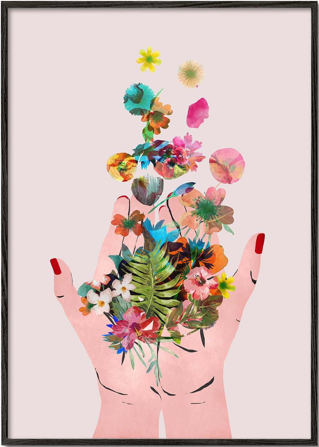 Plakat botaniczny ręce i kwiaty kolaż
