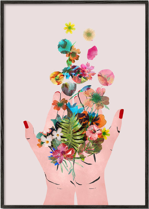 Plakat botaniczny ręce i kwiaty kolaż