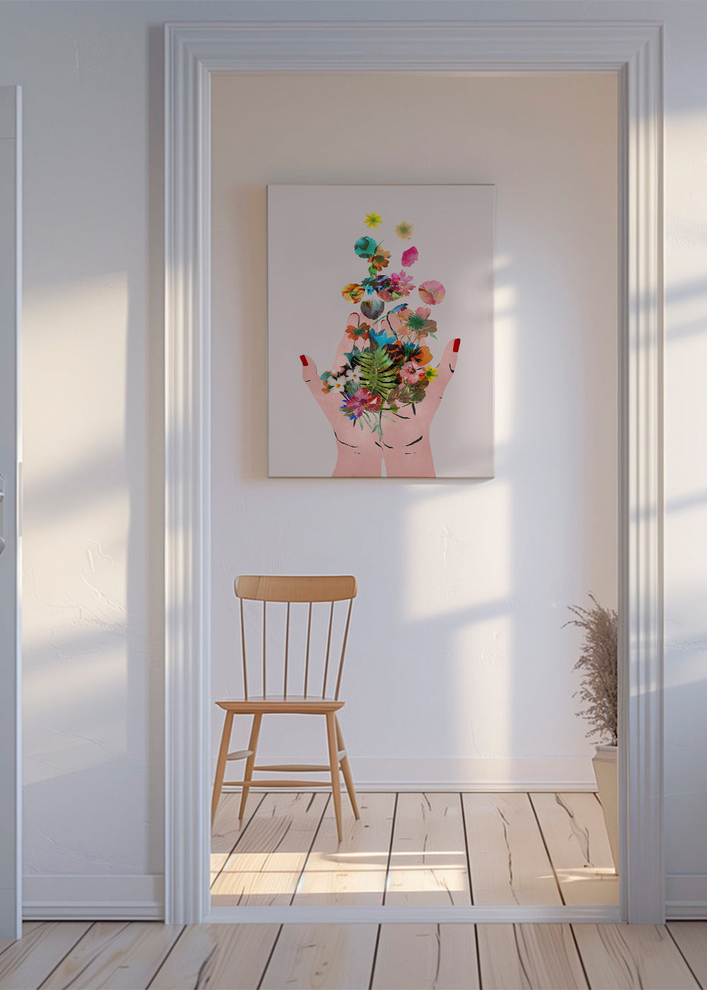 Plakat botaniczny ręce i kwiaty kolaż