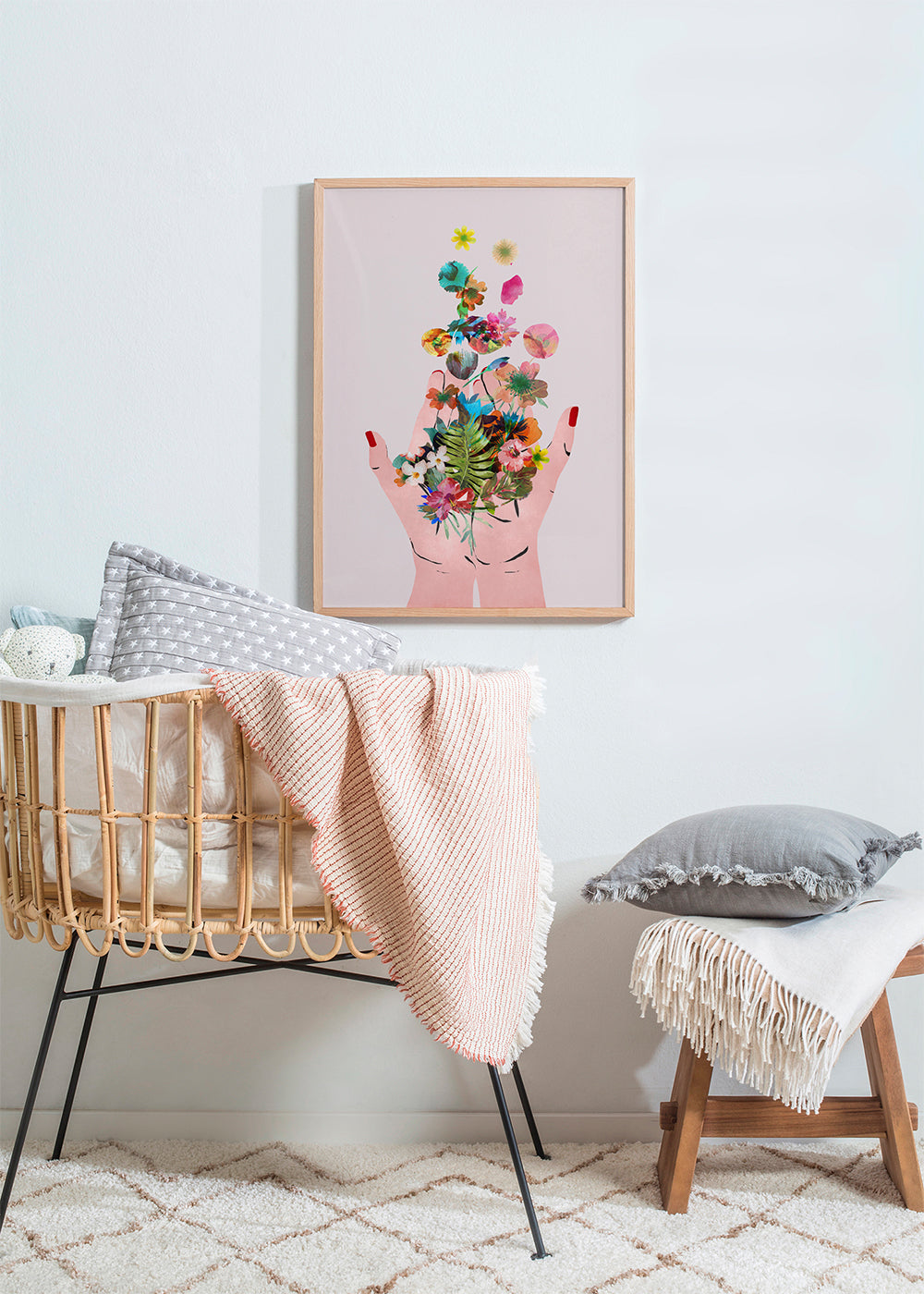 Plakat botaniczny ręce i kwiaty kolaż
