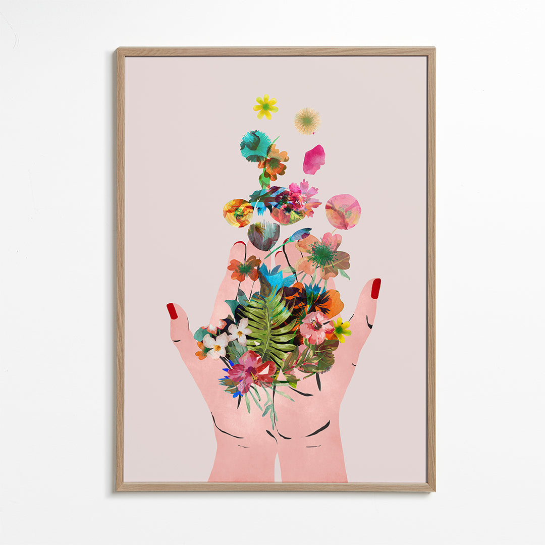 Plakat botaniczny ręce i kwiaty kolaż
