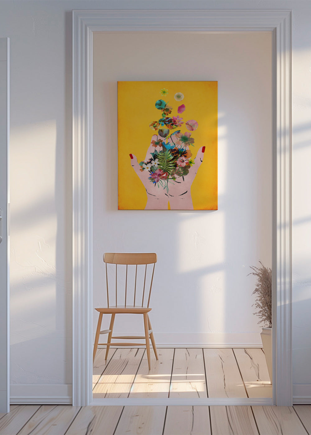 Plakat botaniczny dłonie z kwiatami na żółtym tle
