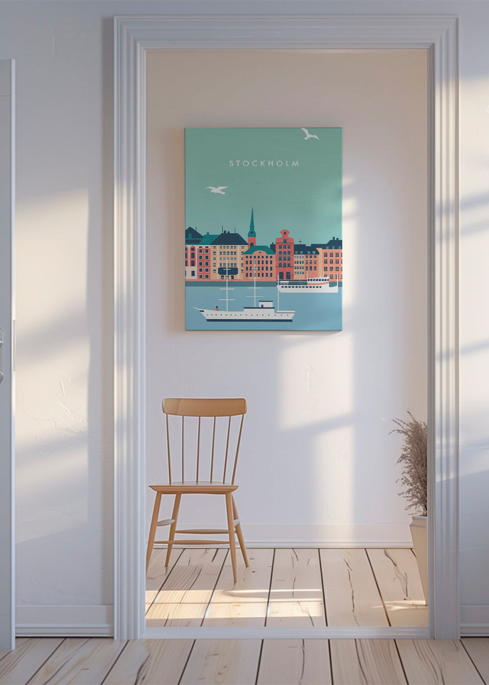 Plakat Sztokholm z portem i łodziami