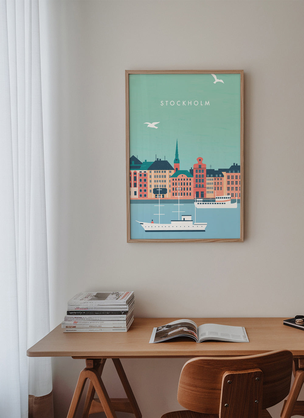 Plakat Sztokholm z portem i łodziami